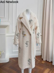 Damen-Pelz-Kunstpelz-eleganter weißer Teddybär-Mantel, hochwertige, mittellange, lockere, warme Woll-Alpaka-Haarprofil-Mode-Pelzjacke für Damen 231123