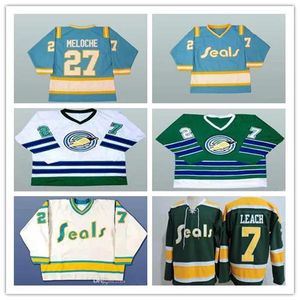 Hokey Forması Erkekler 1970'ler Kaliforniya Altın Mühürler 27 Gilles Meloche 7 Reggie Leach Vintage Jersey Ed Beyaz Mavi Yeşil Sarı Alternat