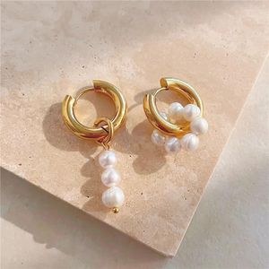 Stud Earrings Natural Freshwater Pearl Hanging Double Circle Dangle Exquisite Asymmetric French Unusual Drop