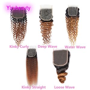 Brazilian Human Hair 1B/30 Ombre Color Top Closures 4X4 Lace Closure Free Part Deep Wave Kinky Straight 10-22inch Two Tones Color