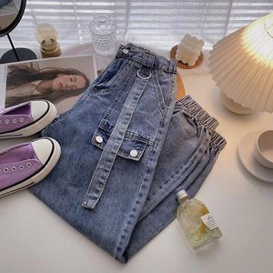 Calças de brim femininas estilo coreano mulher carga 2023 primavera elástica cintura alta tornozelo comprimento denim jogger calças pantalones mujer