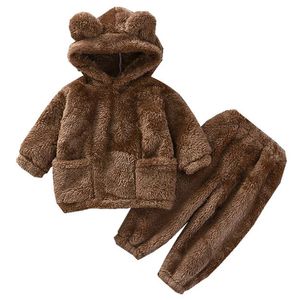 Pajamas Kids Set Winter Thick Boy Girls Plush Clothes Cute Flannel 05y Baby Children Hooded Homewear Suits 231124