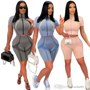 Women Clothing Designer Tracksuits Stand Neck Zipper Top Outfits High Elastic Knitting Stripe Positioning Printing Two Piece Sports Set