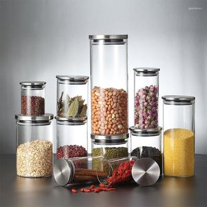 Förvaringsflaskor behållare för spannmål glasburkar med rostfritt stål täckning krydda tank mat kaffebönbehållare set