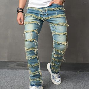 Jeans masculinos homens elegante vintage azul empilhado emendado magro motociclista calças retas streetwear masculino motocicleta casual denim calças