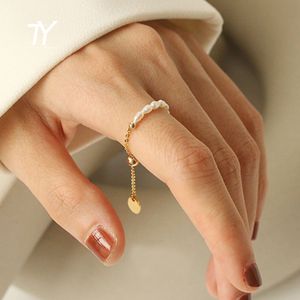 Cluster Rings French Simple Retro Pearl Chain Pull Adjustment Gold Color Girl s Elegant Accessories Fashion Finger Jewelry For Woman 230424