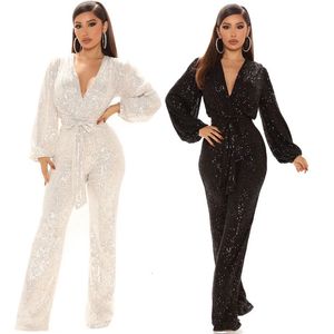 Damen Jumpsuits Strampler Langarm Overall Frauen Sexy V-Ausschnitt Pailletten Lässige Overalls Weibliche Hohe Taille Playsuit Elegante Damen Party Strampler mit weitem Bein 231123