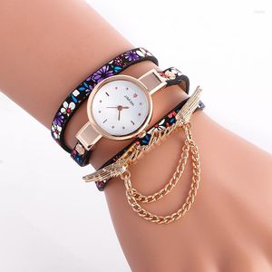 Armbandsur 100 st/lot mode korea stil wrap runt läder klocka blommor strap stålkedja elegans färgglada bälte armbandsur grossist