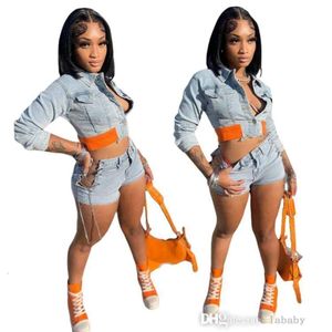 2023 Trendy High Street Denim 2 Piece Set Women Tracksuits kläder Långärmad jeans Crop Top Jacket och sexiga bandiga shorts avslappnade stretchbyxor uppsättningar