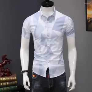 Camisas casuais masculinas impressão geométrica manga curta social botão acima blusas atacado 2023 único breasted lapela camisa masculina topos a09