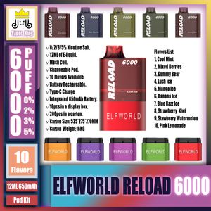 Original ELFWORLD RELOAD 6000 Pod Kit 6k Puff 0/2/3/5% Disposable Rechargeable E-cigarettes Devices Vape Pen With Type-c 650mAh Battery 12ml Replace Pod ELF WORLD 6000