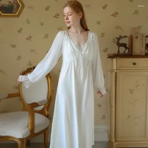 Mulheres sleepwear feminino manga longa com decote em v renda camisola moda macio aconchegante branco leve camisola