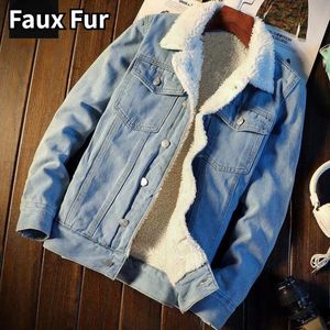 Men's Down Parkas Winter Men Fleece Denim Jackets Heavyweight Faux Fur Coats Jackets Korea Workwear Men's Clothing Tops 231123