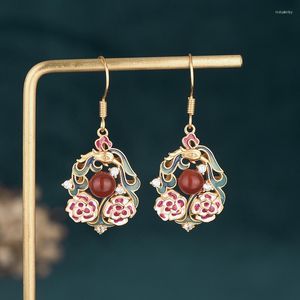 Dangle Earrings China Style Jewelry Enamel Painting Craft Natural Jade Bead Cloisonne Phoenix Flower Inlaid Zircon Women