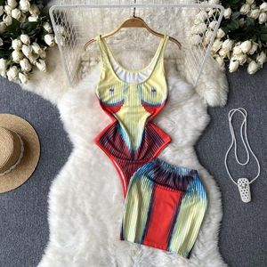 Vestidos de trabalho AMOLAPA Women Fashion Print Set High Fork Suspender Bodysuits Paco