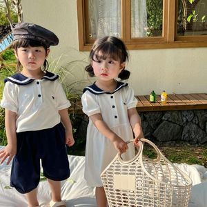 Clothing Sets Summer College Style Dress For Girls Cute Straight Loose Dresses Boys Fashion Naval Leader Pullover T-shirt Soft Cotton Shorts