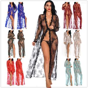 Indumenti da notte da donna Lingerie divertente Donne europee e americane Fiori di pizzo Abito da notte con cardigan frontale trasparente