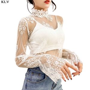 Damen T-Shirt Frauen Tops Mock Neck Langarm Mesh T-Shirt Blumenapplikationen Wimpern Spitze Pullover Sexy Aushöhlen Häkeln Clubwear P230328