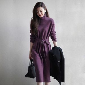 Casual Dresses Turtleneck Basic Soft Loose Soe Up Sticked Women's Dress Solid Chic Pullover Jumpers Mid-Calf For Women 2023