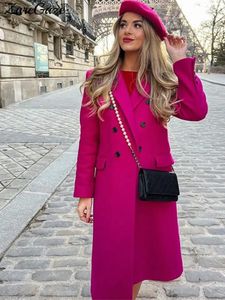 Women Blends Rose Red Double breasted Long Coats Lapel Long sleeved Fashion Female Autumn Winter Elegant Office Lady Clothes 231123