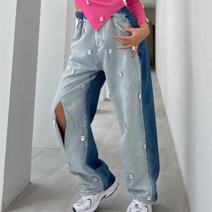 Damen-Jeans, Wasserbohrloch, schrittweises Spleißen, Farbe, gerades Rohr, breites Bein, Wischmopp, Bodenmädchen