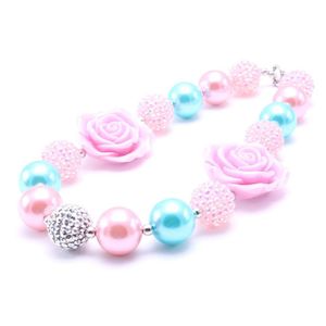 Fashion Pink Flower Kid Chunky Halsband Nyaste Designable Bubblegum Bead Chunky Halsband Barn smycken för småbarnsflicka