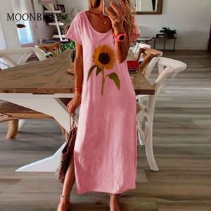 Sukienki swobodne 5xl Summer Sunflower Print Pencil Ladies Sexy Side Slit Beach długa koszula luźna ponadwymiarowa Sundress Women 230424