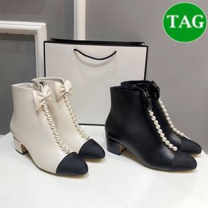 Fashion Cap Toe Zipper Pearls Bow Embellished Ankle Boots Booties black white womens designer boots women luxury shoes