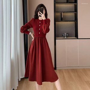 Casual Dresses Elegant Women Round Collar Two Pieces Long Dress Autumn Winter Knitting Twisted Patchwork Button Wine Red Party Clothes