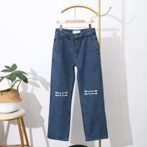 Lyxmärke broderi mönster jeans kvinnor klassisk designer lösa byxor blå rak rör bred ben casual denim byxor 2023