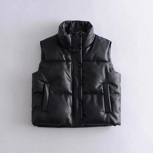 Kvinnor ner parka puffy väst svart pu läder kvinna jacka kappa hösten vinter outwear puffer kvinnlig ärmlös 231124