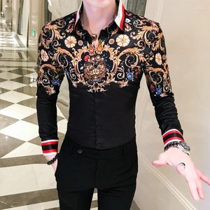 Men's Casual Shirts Nice Autumn Men Shirt Gold Print Long Sleeve Slim Fit Business Dress Camisa Social Masculina