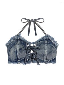 Kadın Tankları 2023 Ins Kadınlar Denim Bandage Halterneck Bra Gyaru Mayo Beach Seaside Tatil Giyim Top Avrupa ve Amerikan Tarzı