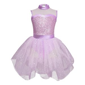 Flickans klänningar Kid Girls Figur Skating Dance Dress Lyrical Ballet Gymnastic Costume Sleeveless paljett Tulle Tutu Leotard Performance Dancewear 231124