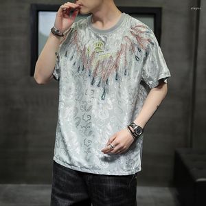 Męskie koszulki Style Styl Casual Chinese T-Shirt Summer Peacock Feather Haft Ice Silk krótkie rękawie Mężczyźni Ubranie HARAJUKU Plus Tops