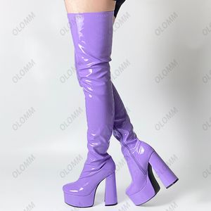 Olomm Ny ankomst Kvinnlig plattform lårstövlar Hoof Heels Round Toe Gorgeous Violet Pink Black Party Shoes Plus oss storlek 5-15