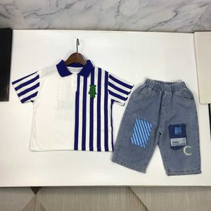 23ss kid sets kids designer clothes baby set boys lapel fringe bear logo printing short-sleeved t-shirt Elastic waist Denim shorts suit High quality baby clothes