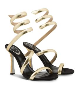 S/S 2023 Rene Cleopatra Sandals Shoes Gold Silver Snakeskin-printed Wider Straps Caovillas Crystal-encrusted High Heels Party Evening Dress Elegant Walking EU35-43