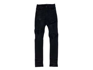 Дизайнерская одежда Джинсовые брюки Amiiri Mx1 Черные кожаные вставки на коленях Поврежденные мотоциклетные джинсовые брюки High Street Потертые рваные узкие брюки