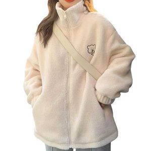 Kvinnors hoodies tröjor Vinterbrev Pink Zippercoat Lamb Wool Keep Warm Mid-Lend Women Sweatshirt Brodery Söt kexbjörn Fashion Pullover Zln231124