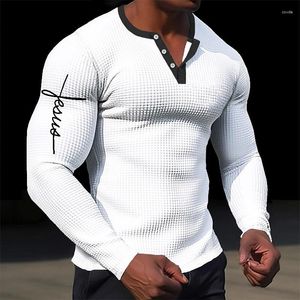 Magliette da uomo Gesù Cristo Stampa 3D Henley Moda Streetwear Camicia vintage a maniche lunghe abbottonata Uomo T-shirt maschile Tops Abbigliamento