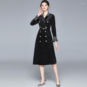 Casual Dresses Office Lady Blazer Dress Women Notched Double Breasted Velvet Elegant Autumn Long Sleeve With Belt Trench Coat