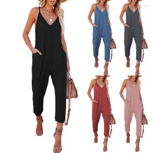 Women's Two Piece Pants Womens Rompers And Jumpsuits For 2023 Summer Sexy Solid Color Suspenders V Neck Shoulder Casual One Set Pocket