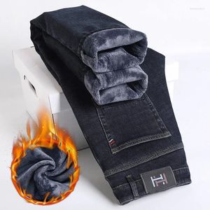 Mäns jeans män termisk snö varm stretch rak ben man vinter fleece denim långa byxor blå grå affär klassiska byxor