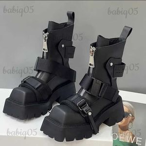 Boots Genuine Leather Boots Women 2024 Tube Platform Boots Belt Buckle Design Cool Biker Botas Square Thick Bottom Head Ankle Boots T231124