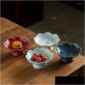 Dishes & Plates Plates Lotus Tall Feet Chinese Modern Drainable Relief Hollow Fruit Bowl Desktop Pastry Dishes Drop Delivery Home Gard Dhk5U