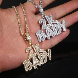 Yeni tasarımcı 2K bebek mektup cazibe kolye kolye ile ip zinciri hip hop kadın erkekler tam döşeli 5a kübik zirkonya doğum günü hediye takı