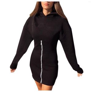 Moletons femininos outono skinny pulôver moletom preto bodycon feminino cor pura com capuz fino manga comprida zíper vestido com capuz