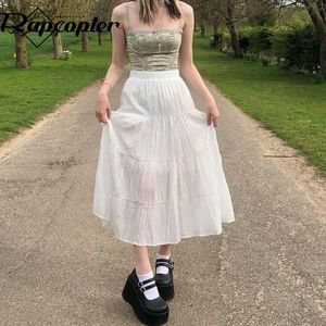 Skirts Y2k Fairycore Grunge Chiffon Pleated White Patched Sweet Kawaii MidClaf Party Holiday Dress Women Chic Clothes 230424