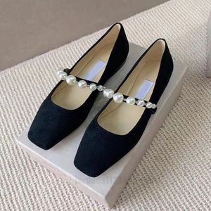 Luxury brand women pearl deerskin mary jane shoe fairy princess shoes designer ballet flats gentle single shoe